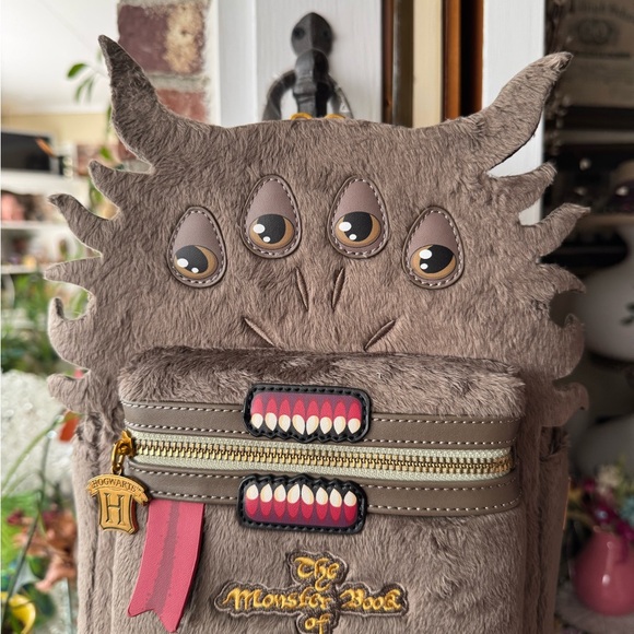 Loungefly Harry Potter Plush Backpack in Taupe with Gold Plate